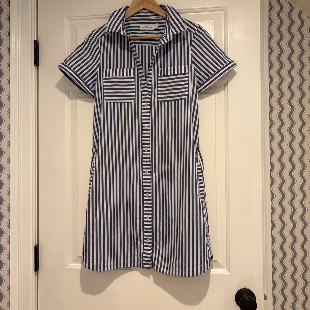 Vineyard Vines Navy and White Striped Seersucker Shirt Dress